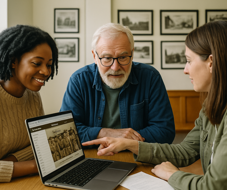 mixed age range os people looking at old photos on a laptop