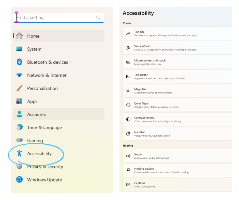 Screen shot of accessibility setting on microsoft screen