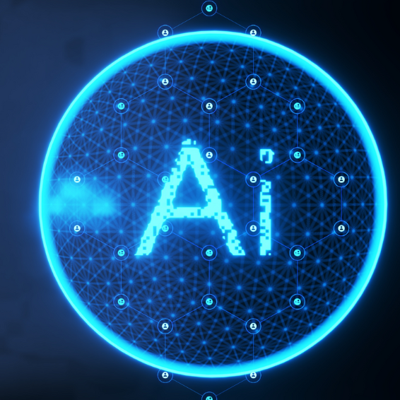 Two tone blue circle orb with AI written in the middle