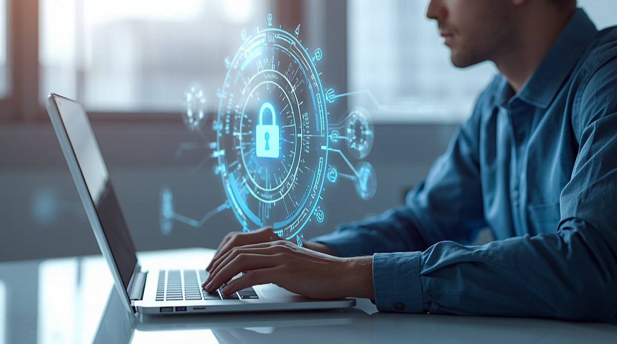 man working at laptop with Ai and cyber security