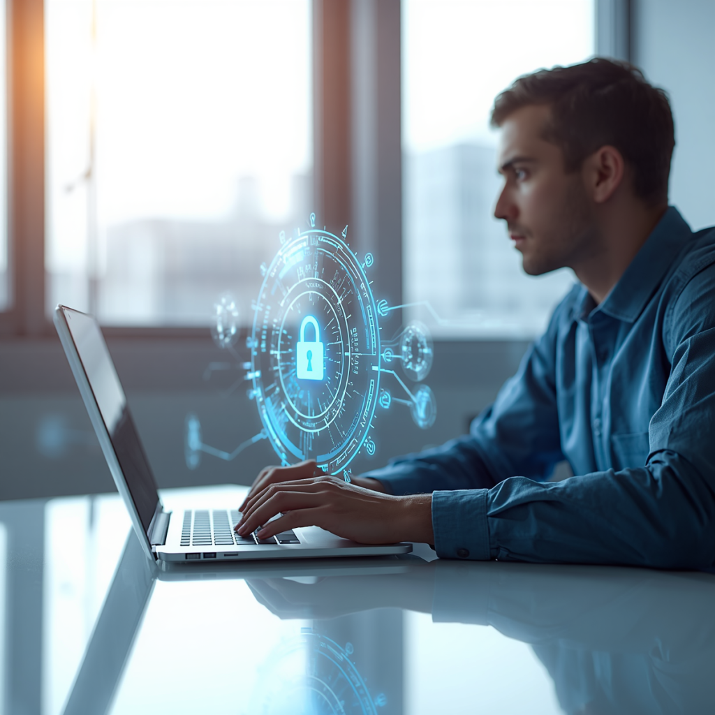 man working at laptop with AI and cyber security
