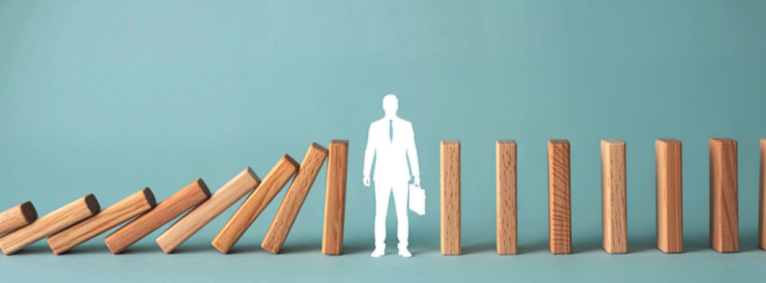 man stopping dominoes falling over - cyber resilience