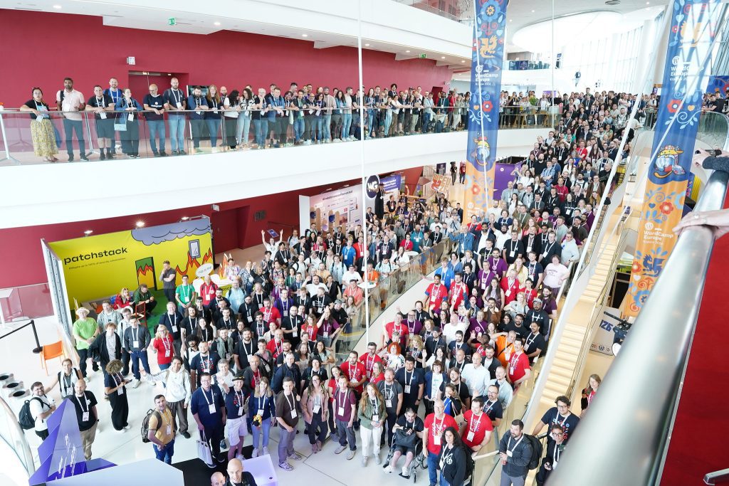 Group photo of a large group of WordPress contributors
